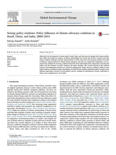 Seizing policy windows: Policy Influence of climate advocacy coalitions in Brazil, China, and India, 2000–2015